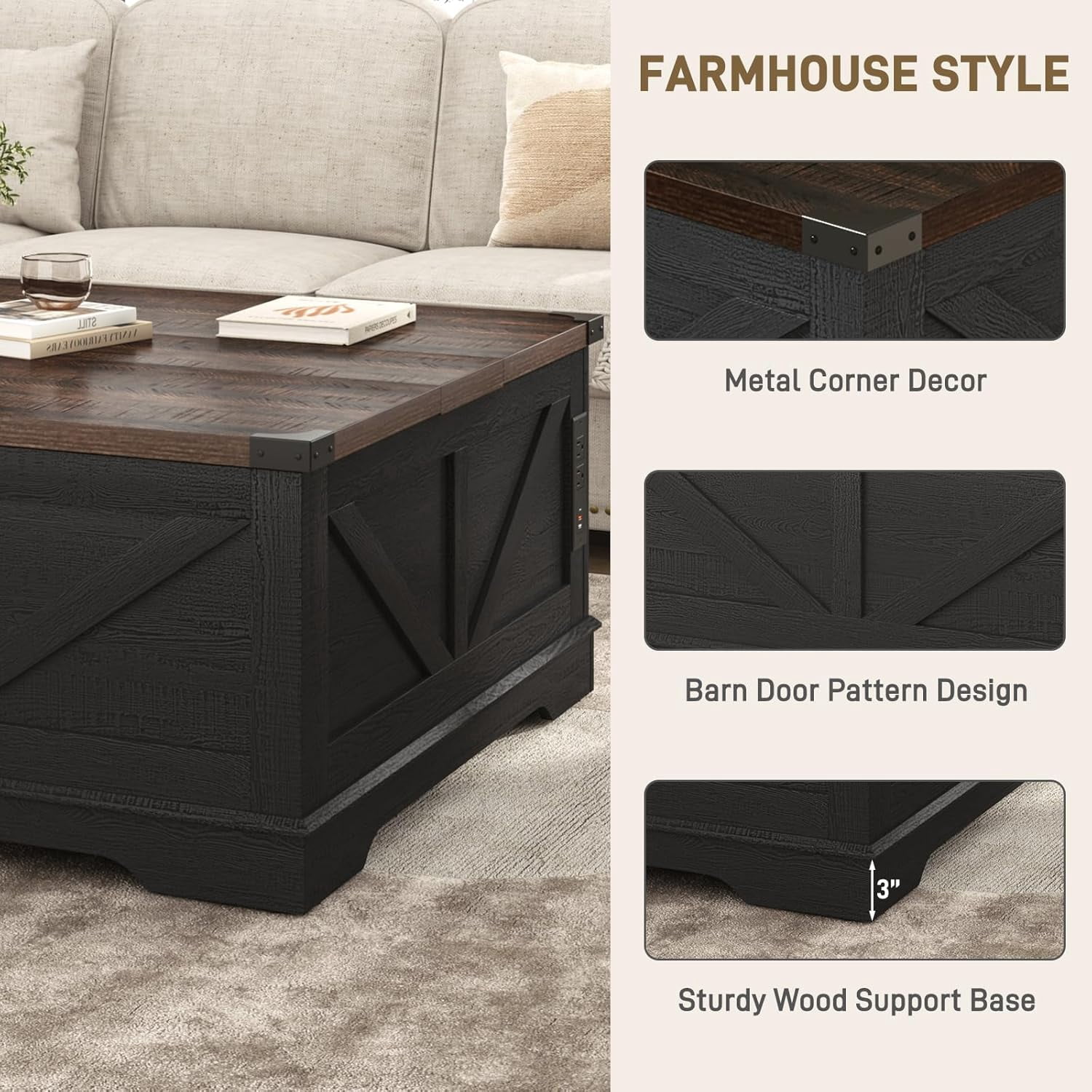 ChVans 40" Large Farmhouse Lift Top Coffee Table with Power Outlets, Square Wood Living Room Table with Large Hidden Storage, Multi-Function Lift Wooden Barn Door Center Table, Rustic Black