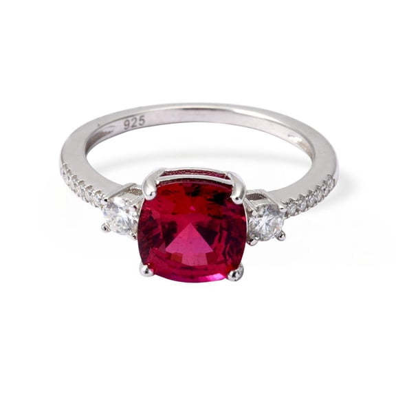 Fine Color Jewels Ruby Engagement Ring for Women in Rhodium Plated 925 Sterling Silver, 8 mm Cushion Lab Grown Ruby