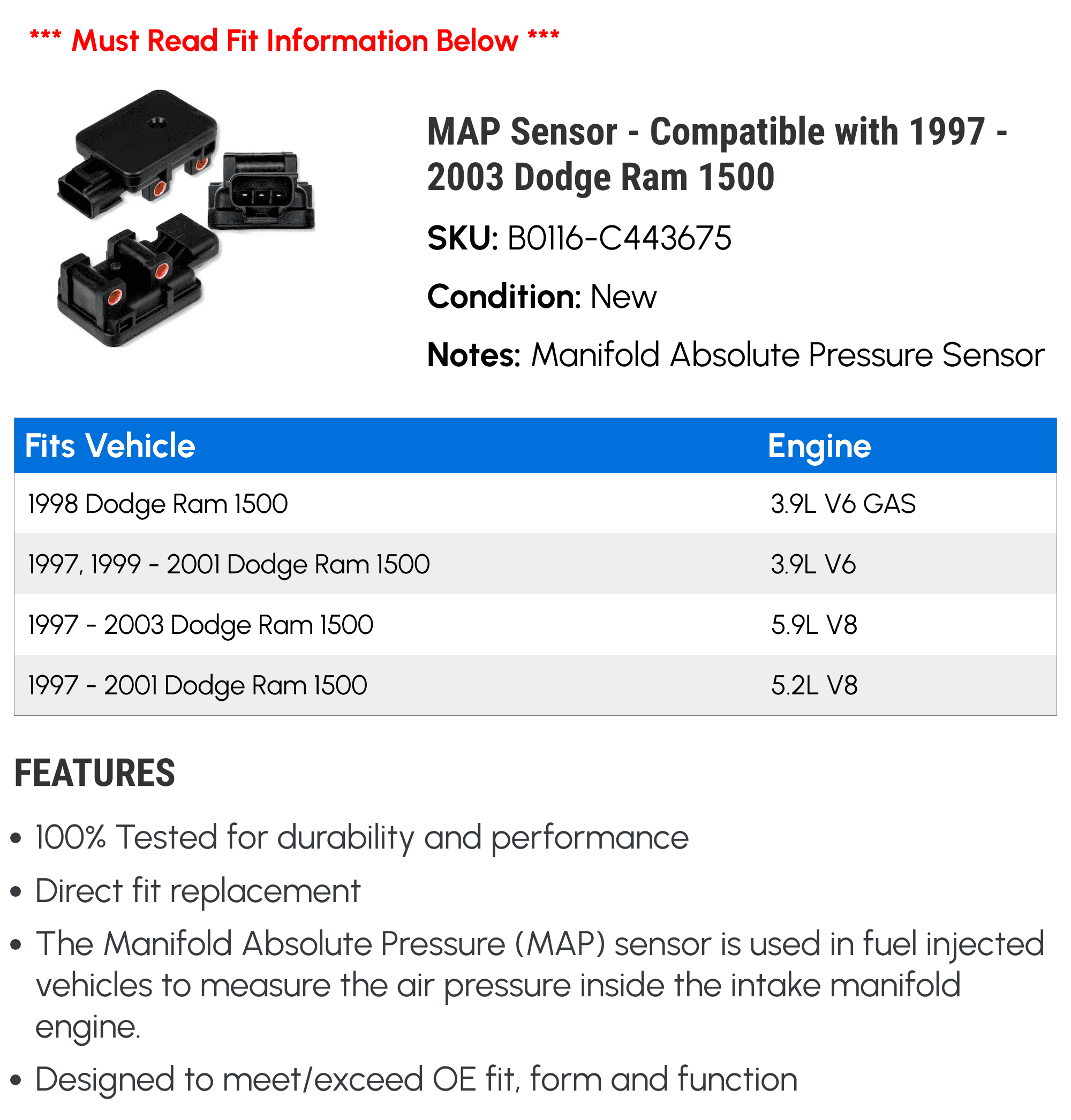 MAP Sensor - Compatible with 1997 - 2003 Dodge Ram 1500 1998 1999 2000 2001 2002