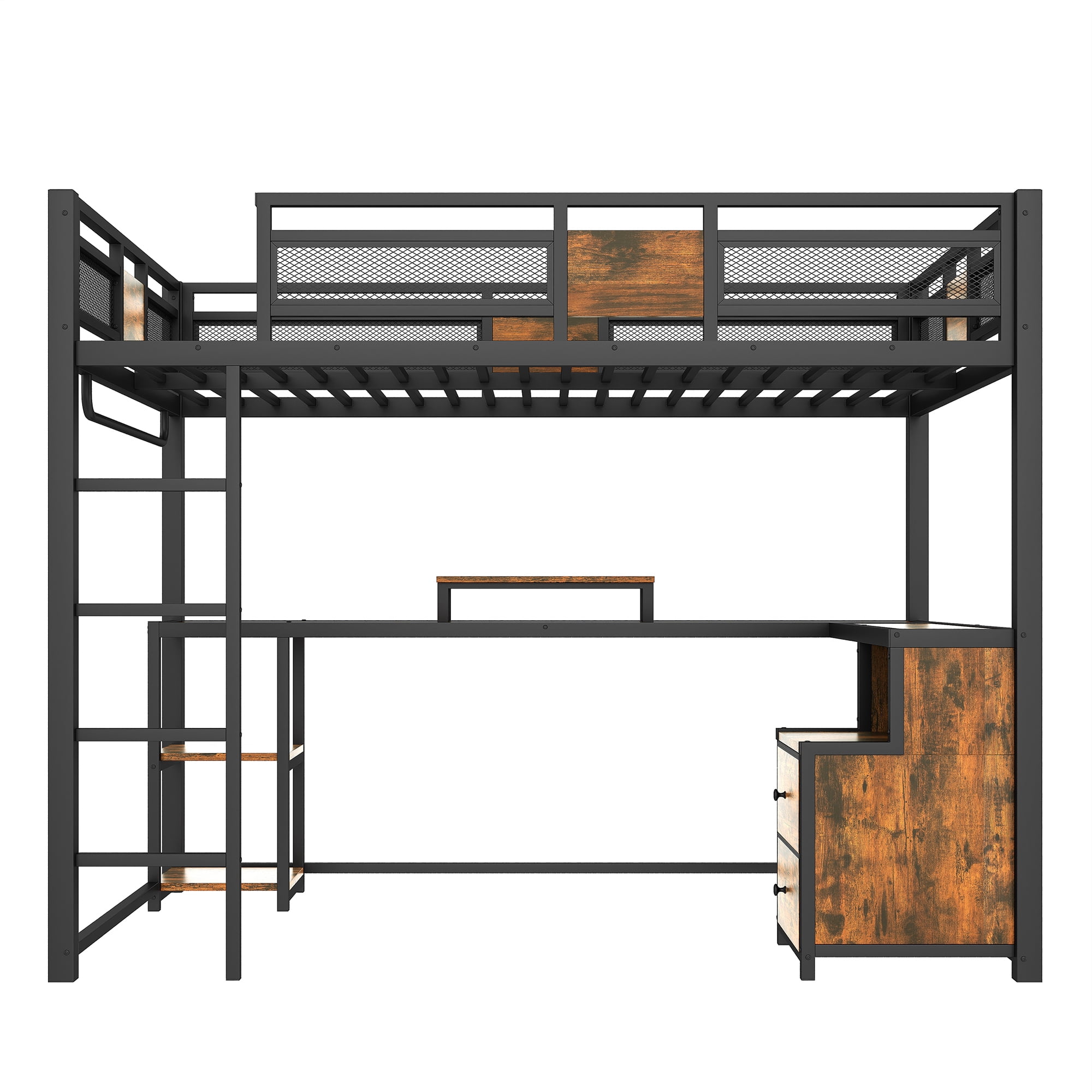 Leumius Full Size Loft Bed with Desk and Storage Drawers,Industrial Style Metal Loft Bed Frame with Ladders,Space-Saving/Noise Reduced,Black