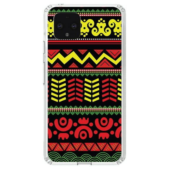 DistinctInk Clear Shockproof Hybrid Case for Google Pixel 4 XL (6.3" Screen) - TPU Bumper, Acrylic Back, Tempered Glass Screen Protector - Black Yellow Red Aztec Tribal