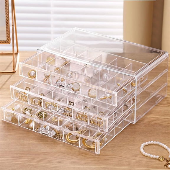 GIXUSIL Transparent Acrylic Jewelry Box Organizer - Earring Storage Box 3 Drawers, 72 Slots | Perfect Gift for Women & Girls
