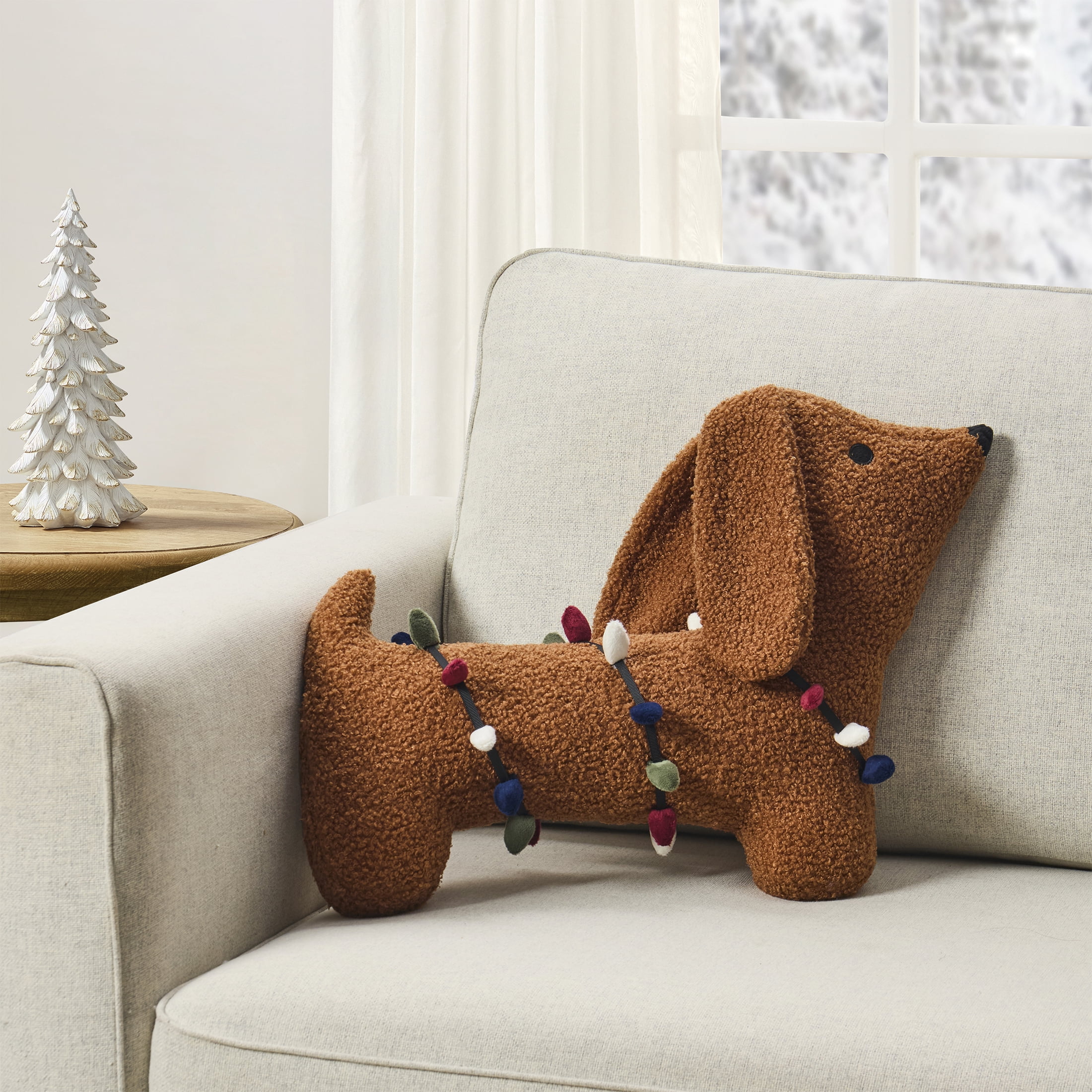 My Texas House 16" x 10" Brown Dachshund Christmas Lights Toy Pillow