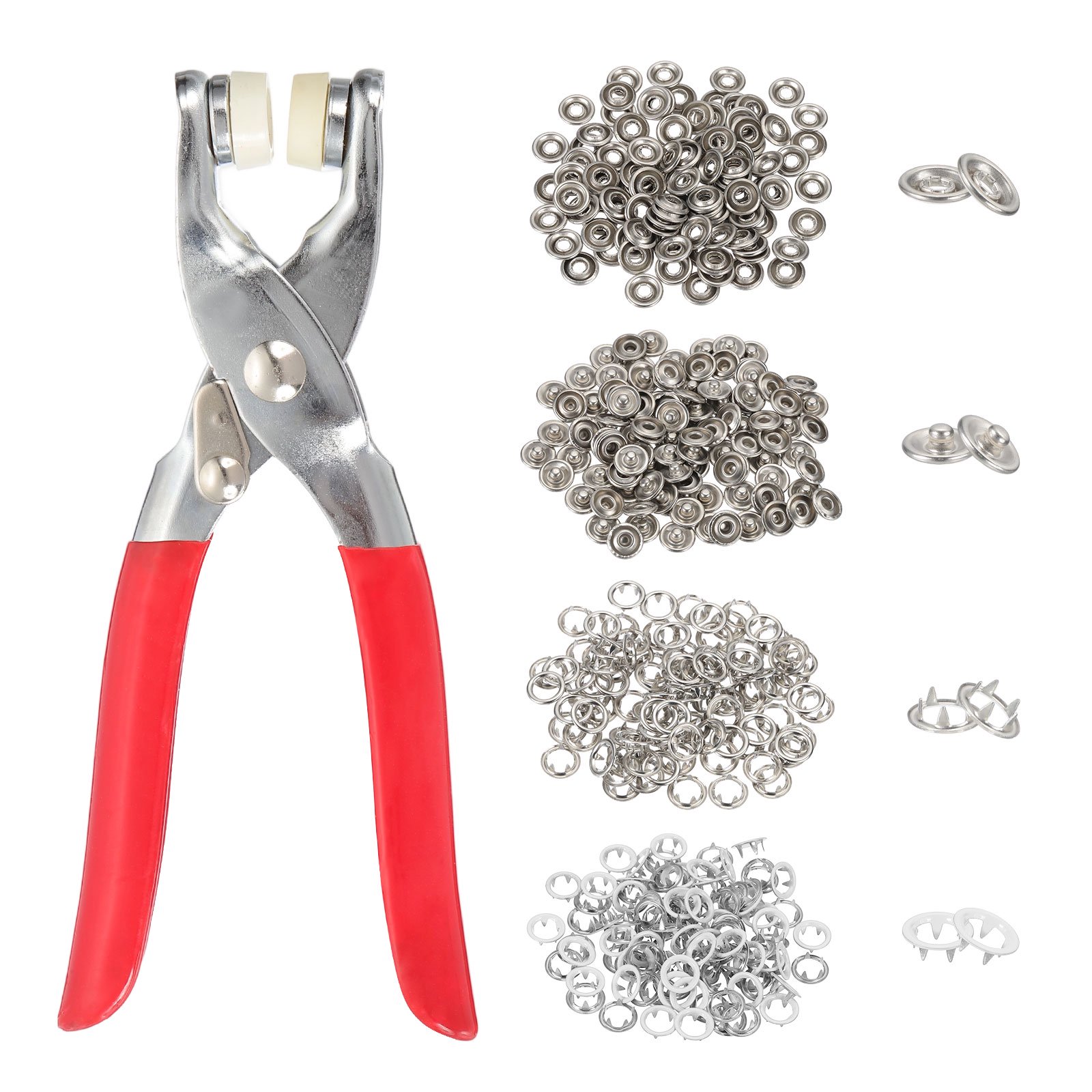 Uxcell 200Set Metal Snap Button Kit 9.5mm Hollow Prong Snap Buttons with Fastener Pliers for Sewing Fabric Leather Clothing Rain Coat Diapers Bibs Crafting, White