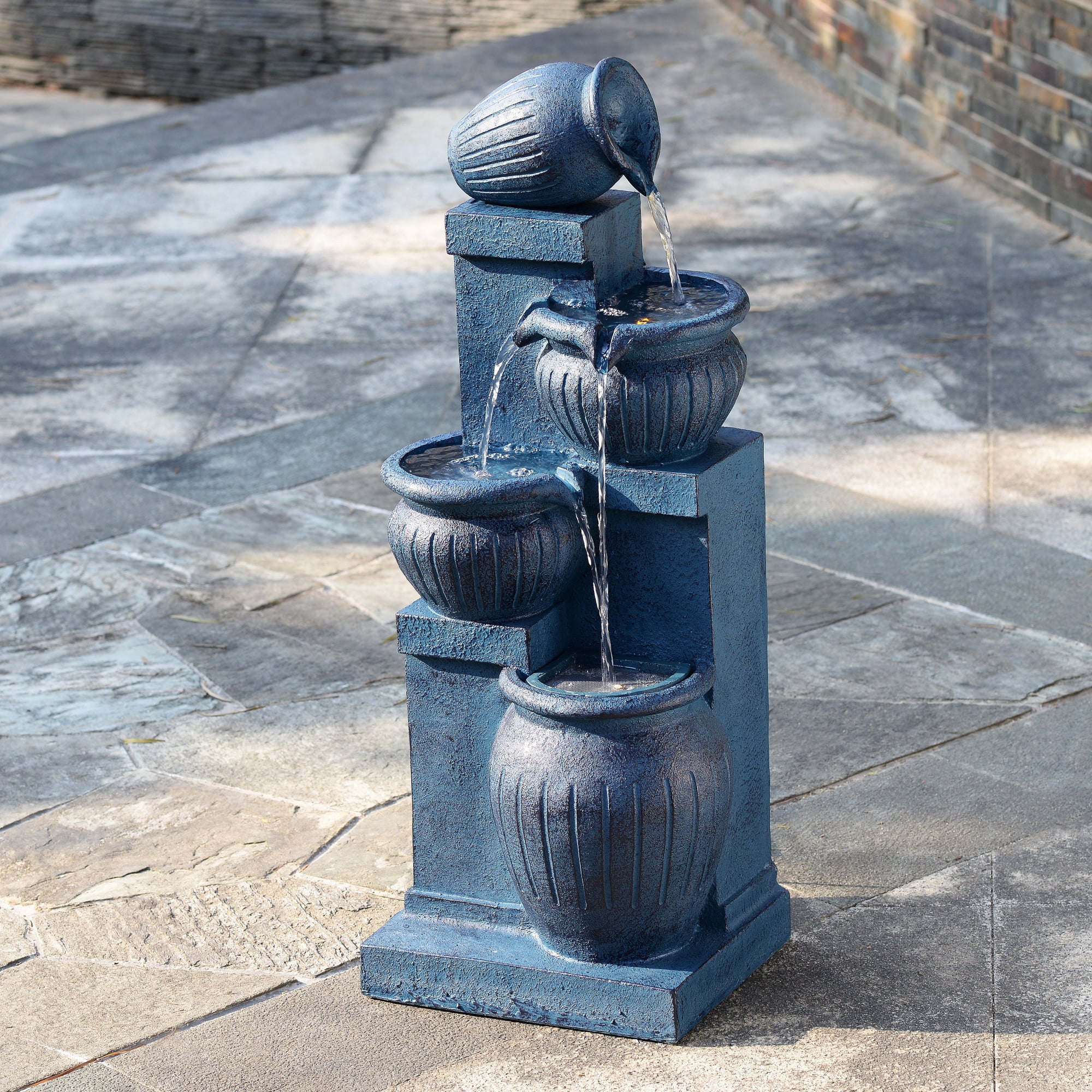 Teamson Home Outdoor 4-Tier Cascading Bowl Water Fountain with LED Lights, Solar-Powered & Adjustable Flow Rate, Navy
