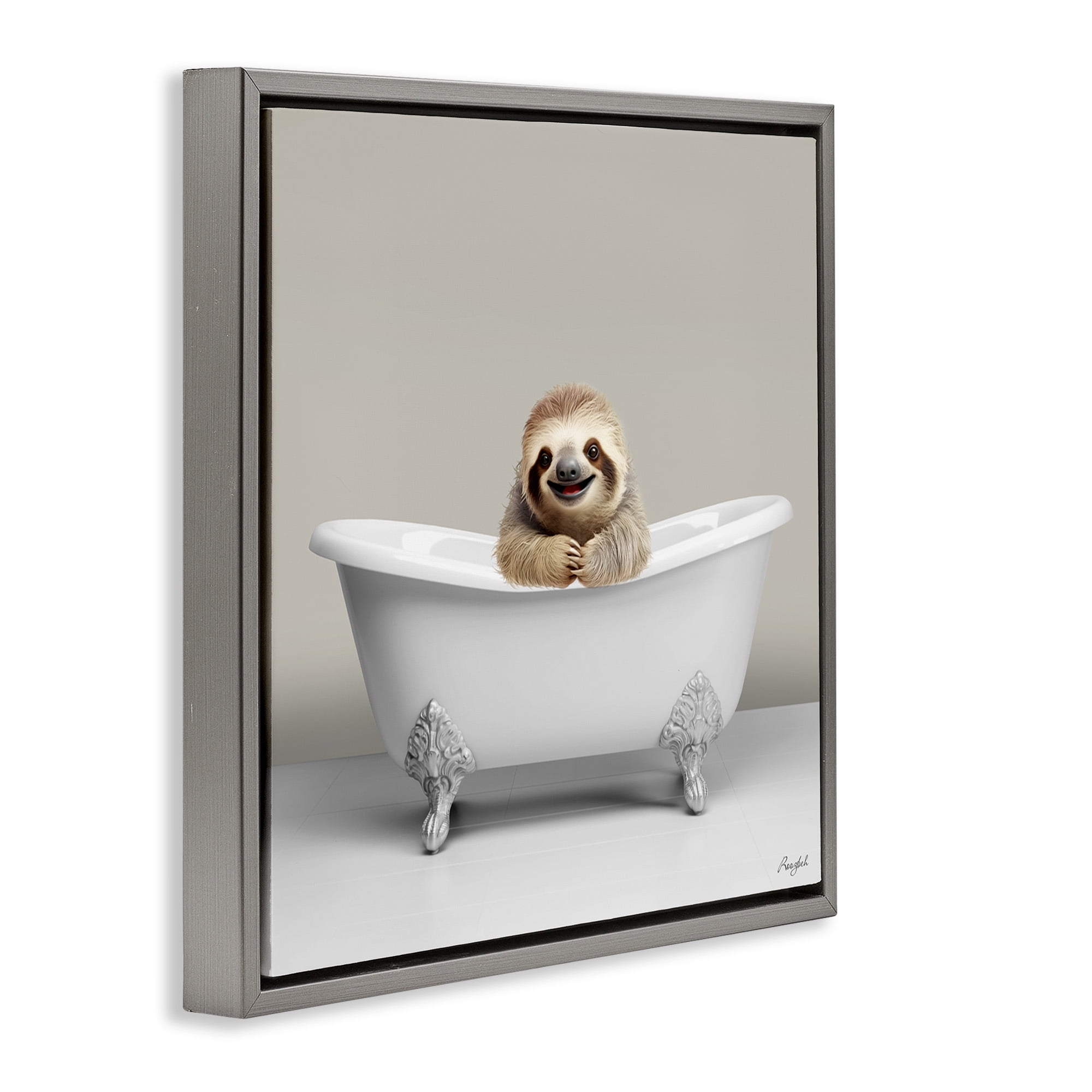 Stupell Industries Happy Sloth in Bathtub Animals & Insects Painting Gray Floater Framed Canvas Art Print Wall Art, 25 x 25