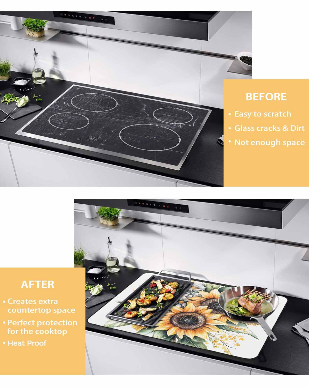 nqOlkjepod Large Induction Cooktop Protector Mat 36"x21", Sunflower Stove Top Covers for Electric Stove, Watercolor Summer Botanical Daisy Decorative Stove Burner Cover Mats, Glass Top Stove Cover