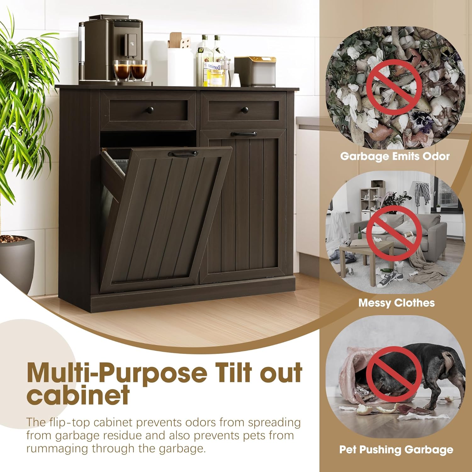 Magic Union Tilt Out Laundry Hamper Cabinet, 22 Gallon Double Hidden Laundry Hamper, Wooden Trash Can Cabinet with 2 Drawers, Farmhouse Garbage Can for Bathroom, Kitchen, Living Room