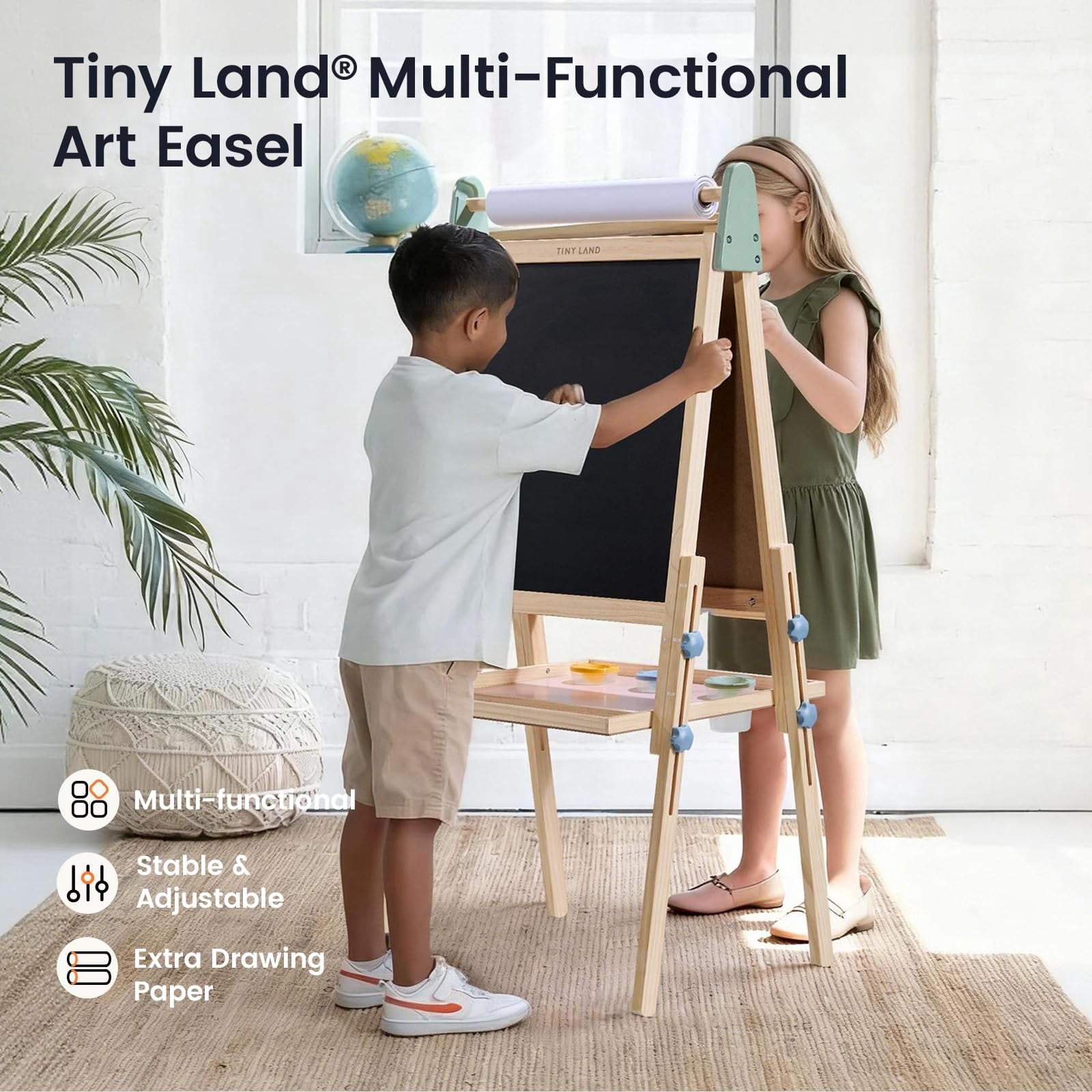 Tiny Land Easel for Kids, Adjustable Double-Sided Wooden Easel with Paper Roll, Whiteboard & Chalkboard, Multi-Functional Art Easel for 3-8 Years Old Boys & Girls