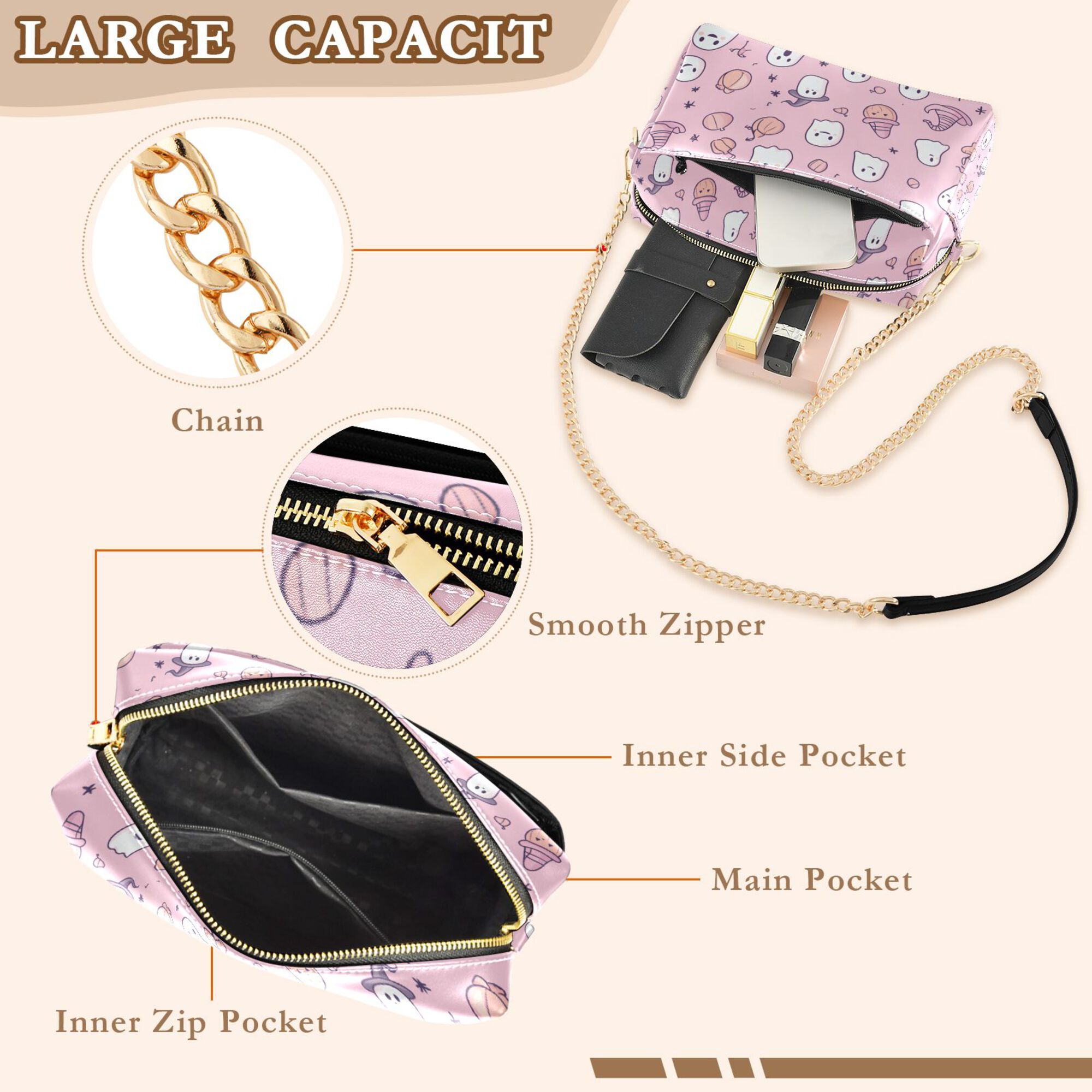 FORMRS Women Crossbody Purse with Chain Strap Vegan Leather Shoulder Handbag, Pink Halloween