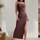 thumbnail image 5 of Vestido Largo De Verano Vestido de fiesta en la playa para mujer Sin espalda Color sólido Casual Traje diario (Café S) Ygjytge para Mujer Color arena T S, 5 of 6