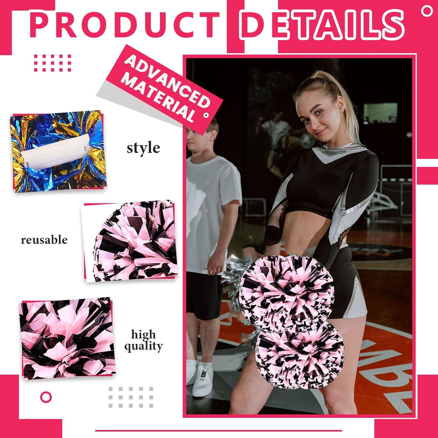 24 PCS pom poms Cheerleading,13.8inch for Sports Teams, Dance Training, and Party Celebrations with Handle