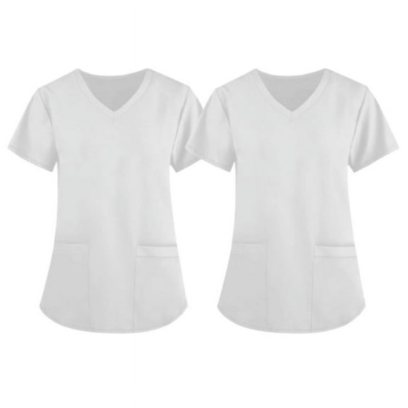 JULMCOMO White Scrubs for Women Clearance Fun Basic Color Print Short Sleeve Shirts Dressy V-Neck Working Uniform Plus Size Workwear Tee with Pockets 2 pcs White L