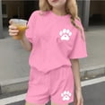 thumbnail image 2 of Kilaqueen Teen Girl Cute Paw Print Summer 2 Piece Outfits Loose Crewneck Short Sleeve T-Shirt Matching Shorts Sets, 2 of 8