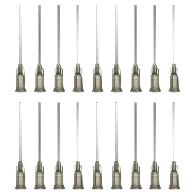 agujas de 16ga, 18 piezas, agujas de punta roma de 1.5 pulgadas con jeringas de bloqueo luer de 2 pulgadas para rellenar tintas líquidas, pegamento y aceite, gris Centrado, vista frontal de 18 agujas dispensadoras 16ga con tubos de acero inoxidable largos y bases de PP gris oscuro, asiento Luer de doble tornillo visible; punta roma para evitar rasguños, indicada para dosificación precisa en llenado de tinta, pegamento y aceite; no esterilizadas, no para inyección humana; a menudo usadas también en electrónica y fabricación de joyas.