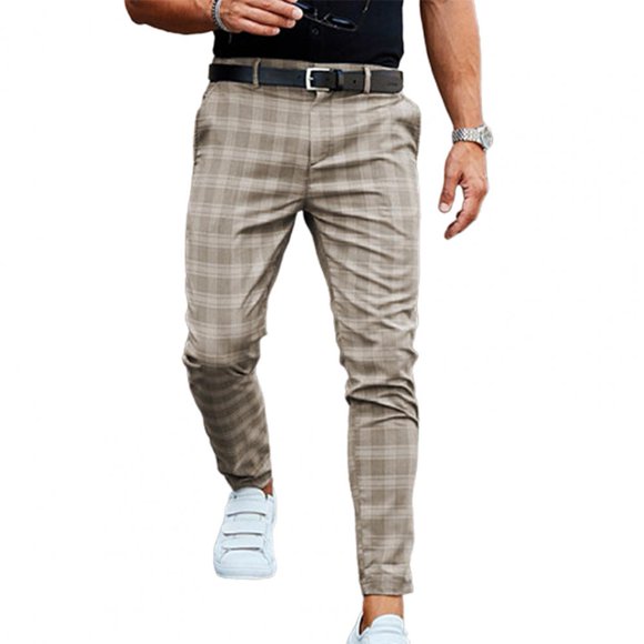 OmicGot Popular Mid-rise Checkered Pattern Pants Bottoms Men Pants