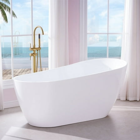 ANGELES HOME 67" Acrylic Freestanding Bathtub, Soaking White Bathtub with White Drain and Integrated Slotted Overflow Included, Glossy White