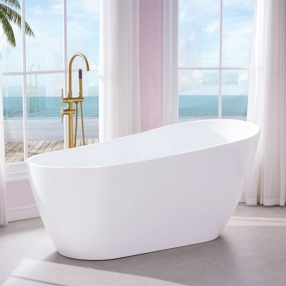 ANGELES HOME 67" Acrylic Freestanding Bathtub, Soaking White Bathtub with White Drain and Integrated Slotted Overflow Included, Glossy White