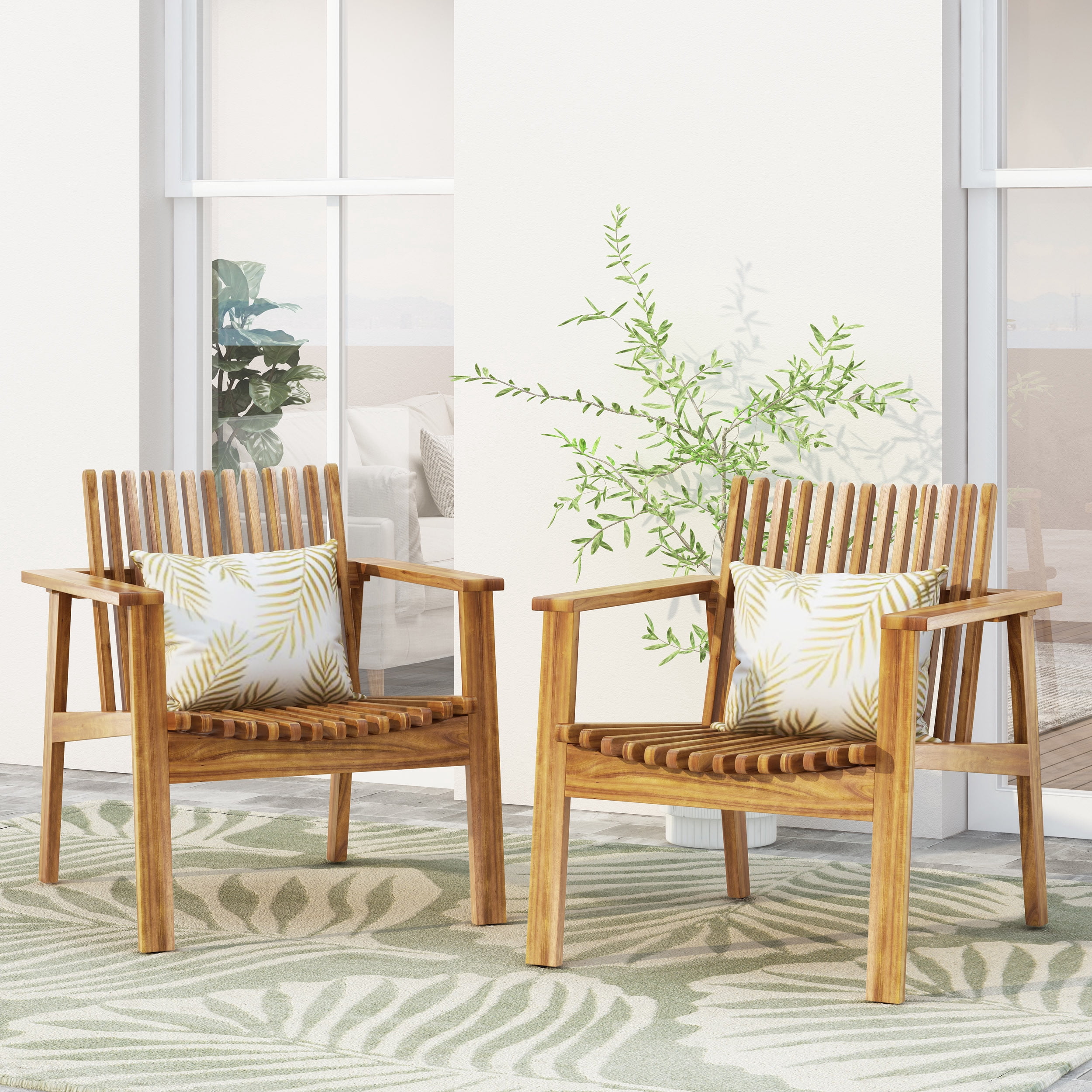 Outdoor Slatted Single Chair Set of 2, Acacia Wood Frame Leisure Seats for Patio Garden, Teak Finish