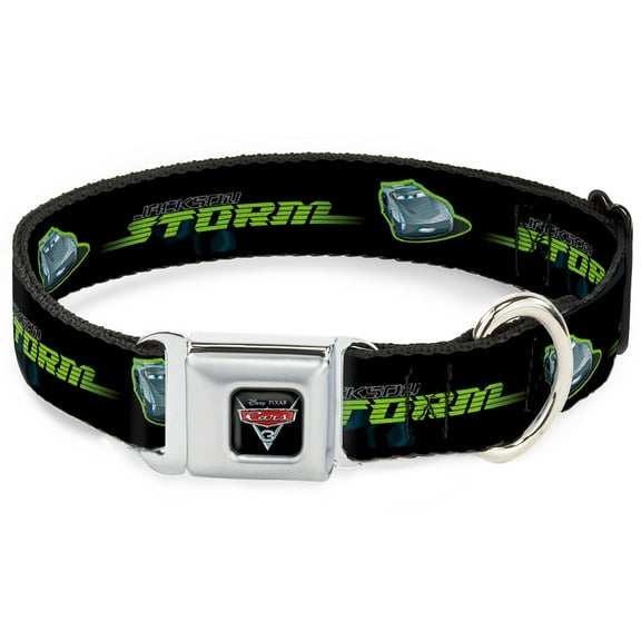 Disney Pet Collar, Dog Collar Metal Seatbelt Buckle, Cars 3 Jackson Storm Pose Stripe Black Greens, 15 to 24 Inches 1.0 Inch Wide