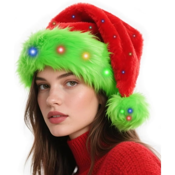 Light Up Christmas Santa Hat, Red Lime LED Headwear With Colorful Lights For Adult Holiday Parties