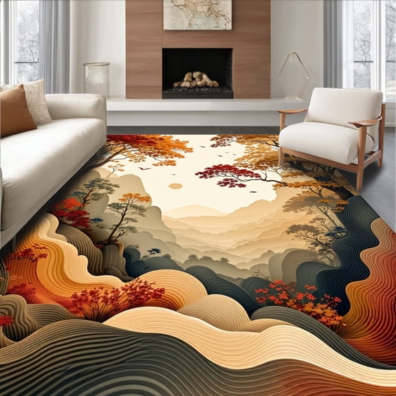 ODIKA 4'x6' Machine Washable Non-Slip Area Rug, Luxurious Plush with Swirling Motifs in Warm Shades High Traffic Rug, Brown, 281040