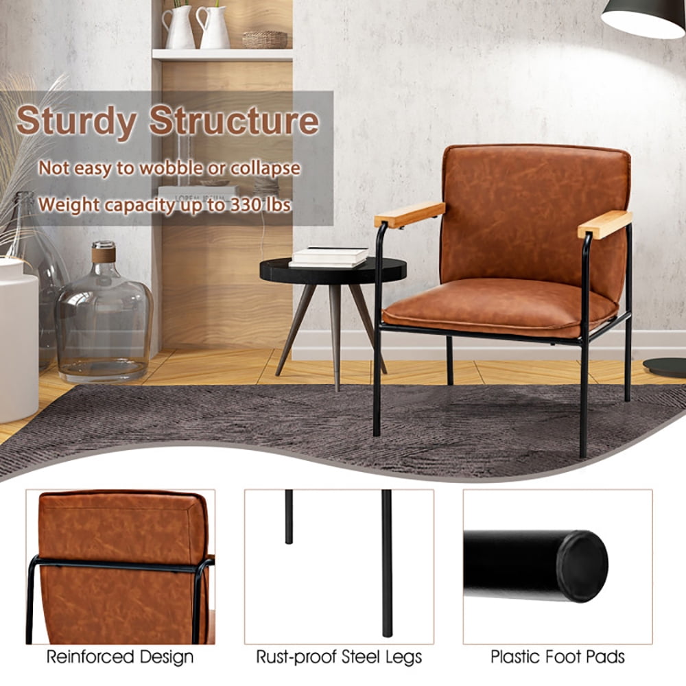 Finihen Upholstered Accent Armchair, PU Leather Accent Chair with Rubber Wood Armrests, for Living Room, Bedroom, Brown