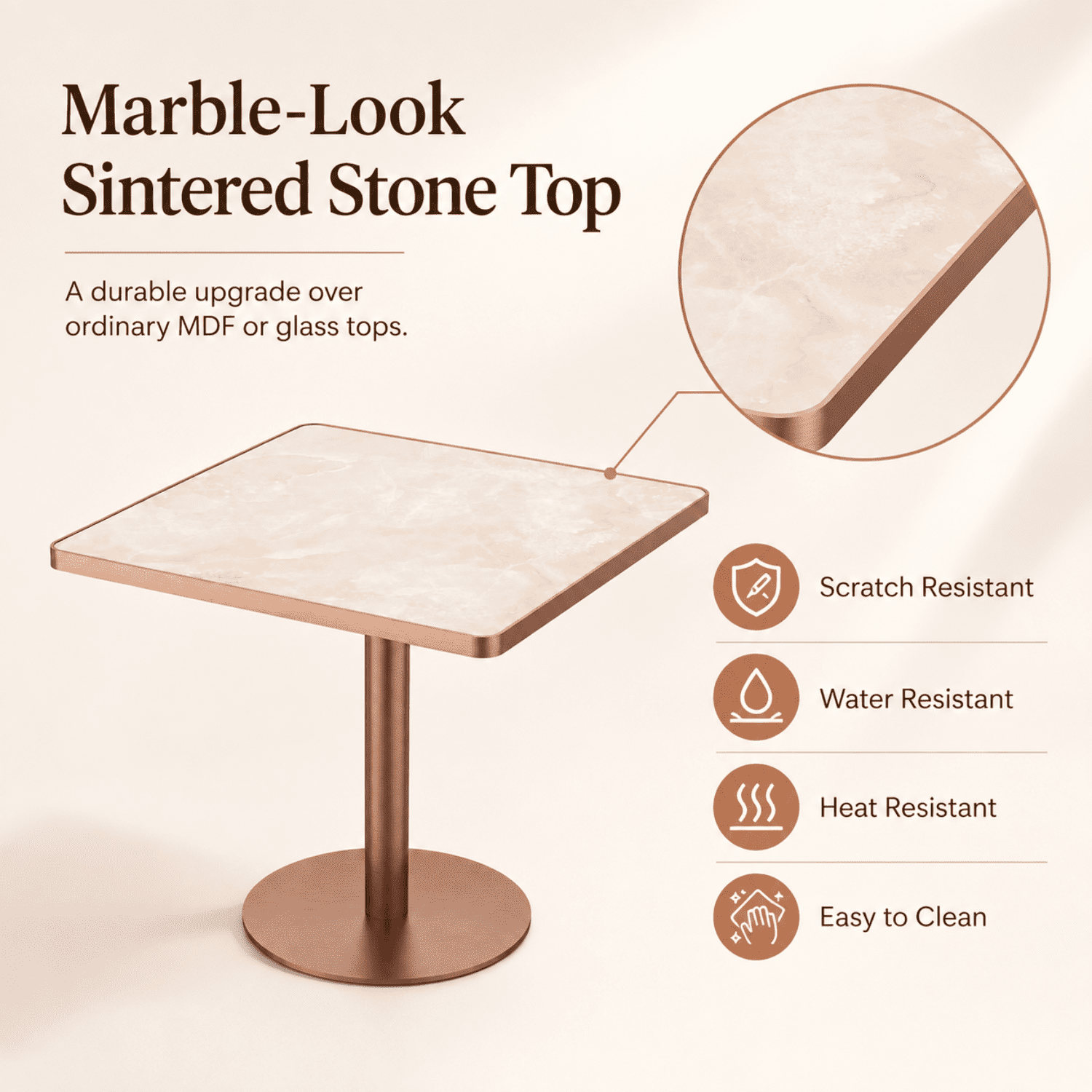 Miniyam 31.5 in Square Dining Table for 2-4, Marble-Look Sintered Stone Top, Stainless Steel Pedestal Base for Small Space, Pink