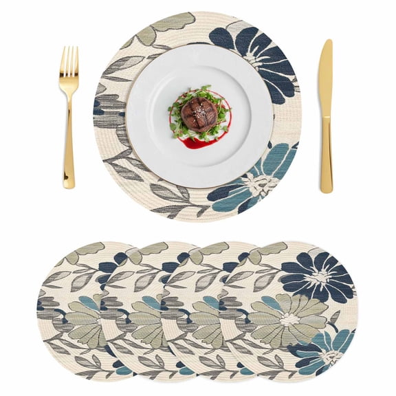 Sage Green Blue Floral Round 15 Inch Placemats Set of 4, Vintage Beige Botanical HeatResistant Non Slip Place Mats for Dining Table, Wipeable Braided Kitchen Table Mats for Housewarming