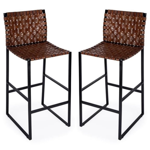 Home Square Urban Woven Leather Bar Stool in Brown - Set of 2