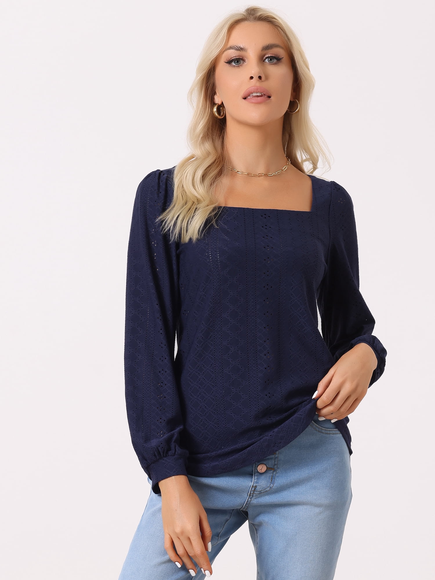 DARING DIVA Women's Square Collar Puff Long Sleeve Eyelet Business Shirts XS Navy Blue