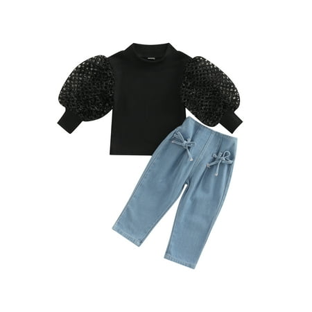 

IZhansean 2Pcs Toddler Baby Girls Clothes Solid Hollow-out Puff Sleeve Pullover Tops+High Waist Denim Pants Sets Black Blue 1-2 Years