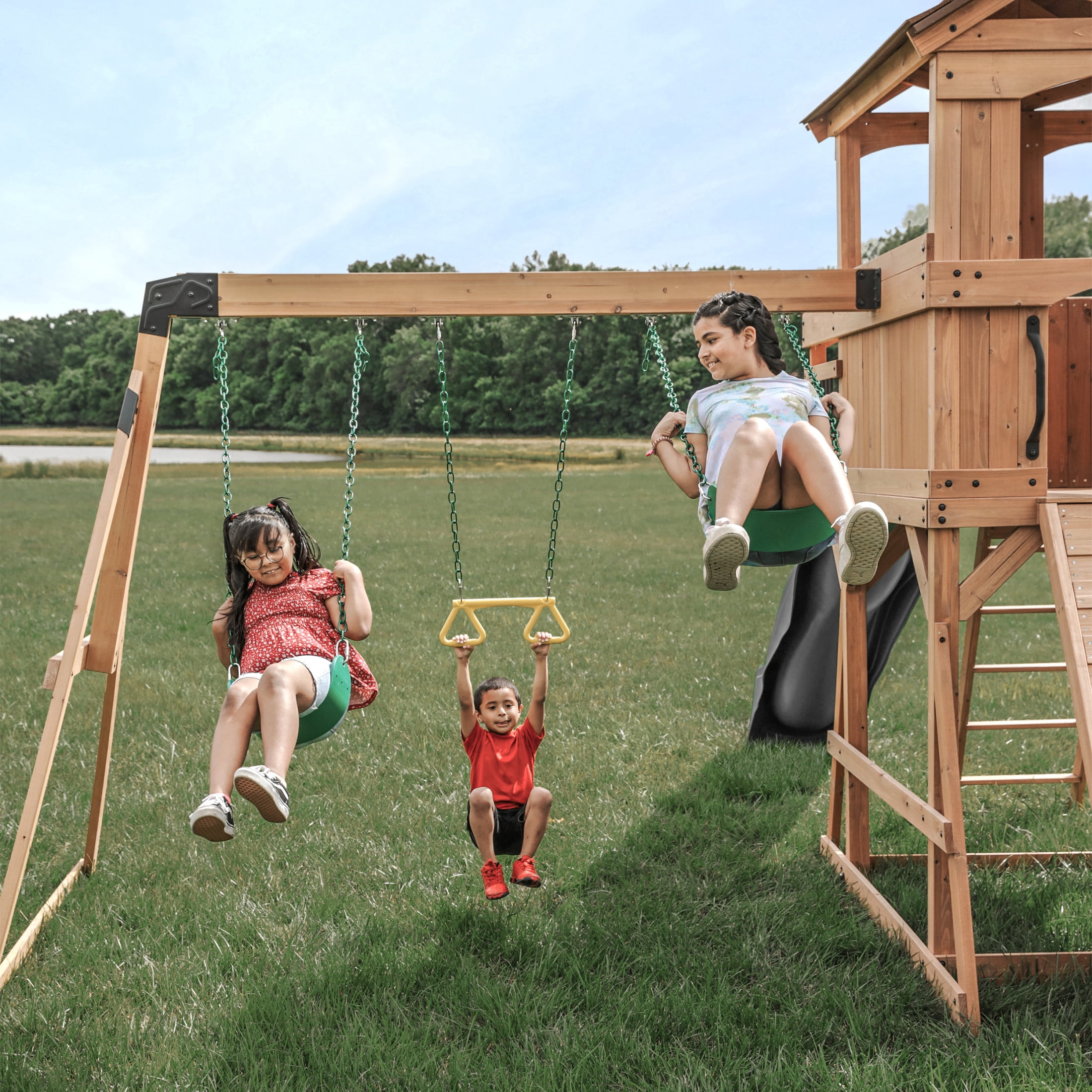 Backyard Discovery Sterling Point Cedar Wood Swing Set, Slide, Clubhouse, Wooden Bridge