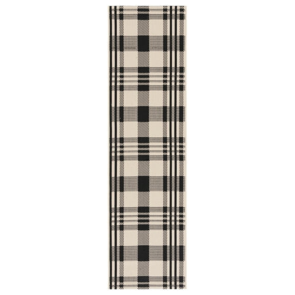 SAFAVIEH Courtyard Benjamin Plaid Indoor/Outdoor Runner Rug, Black/Bone, 2'3" x 12'