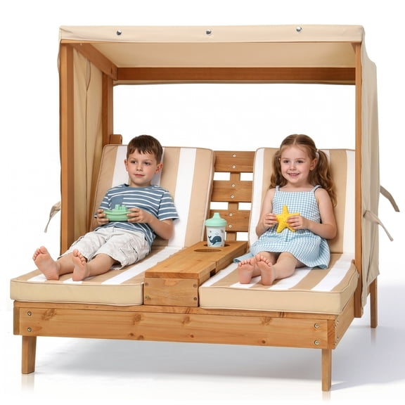 UBesGoo Toddler 2-Seater Patio Daybed with Canopy, Kids Wooden Outdoor Lounge with Cushion & Side Table, Brown Cedar Frame