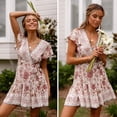 thumbnail image 3 of Vestido mini de gasa con estampado floral y mangas largas estilo campesino para mujer, 3 of 5