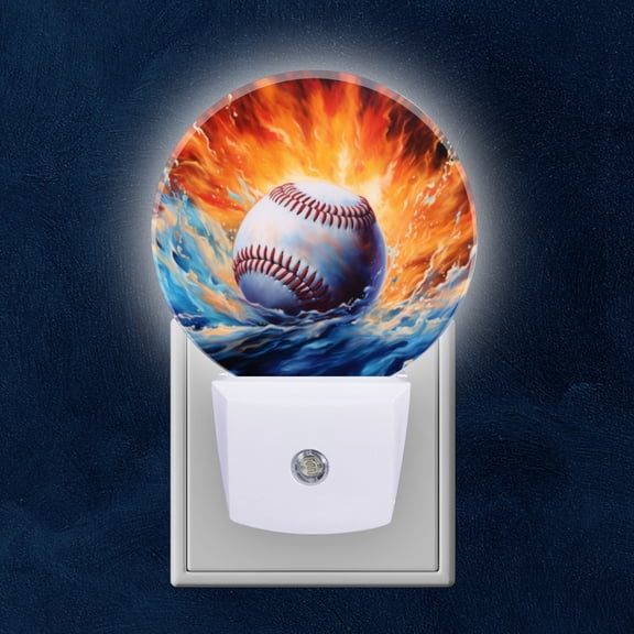 Night Light Plug into Wall,Dusk to Dawn Sensor Auto-On/Off for Bathroom, Hallway,Kids Room-Baseball Surrounded By Swirling Water And Fire