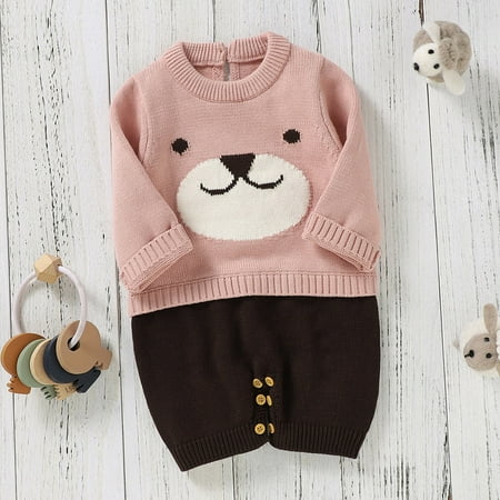 

KaLI_store Boy Girl Cartoon Bear Knitted Sweater Baby Jumpsuit Romper Cotton 1 Piece Outfits Sweatshirt