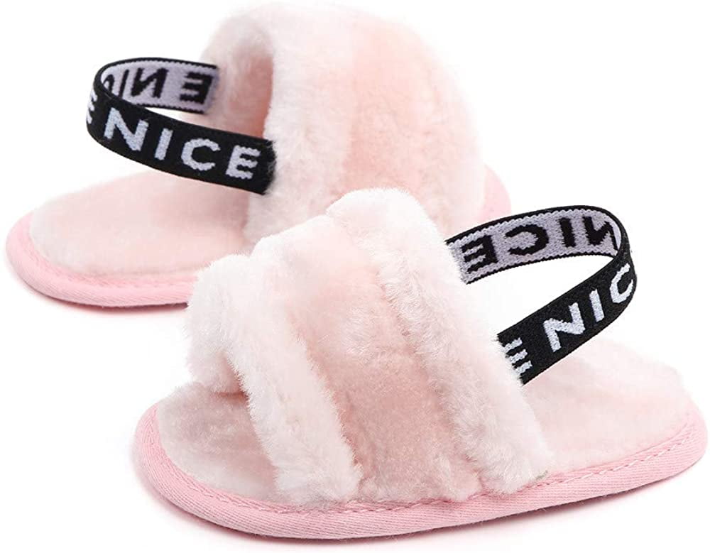 Yinbwol 2 Pack Infant Baby Girls Sandals Elastic Back Strap Flats Slippers Soft Toddles Princess Shoes Faux Fur Slides Shoes First Walker House Shoes 