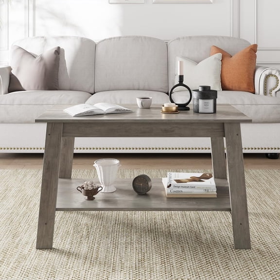 31.49" Rectangular Coffee Table with 2 Storage Shelves, Wood Living Room Table for Small Spaces, Apartment