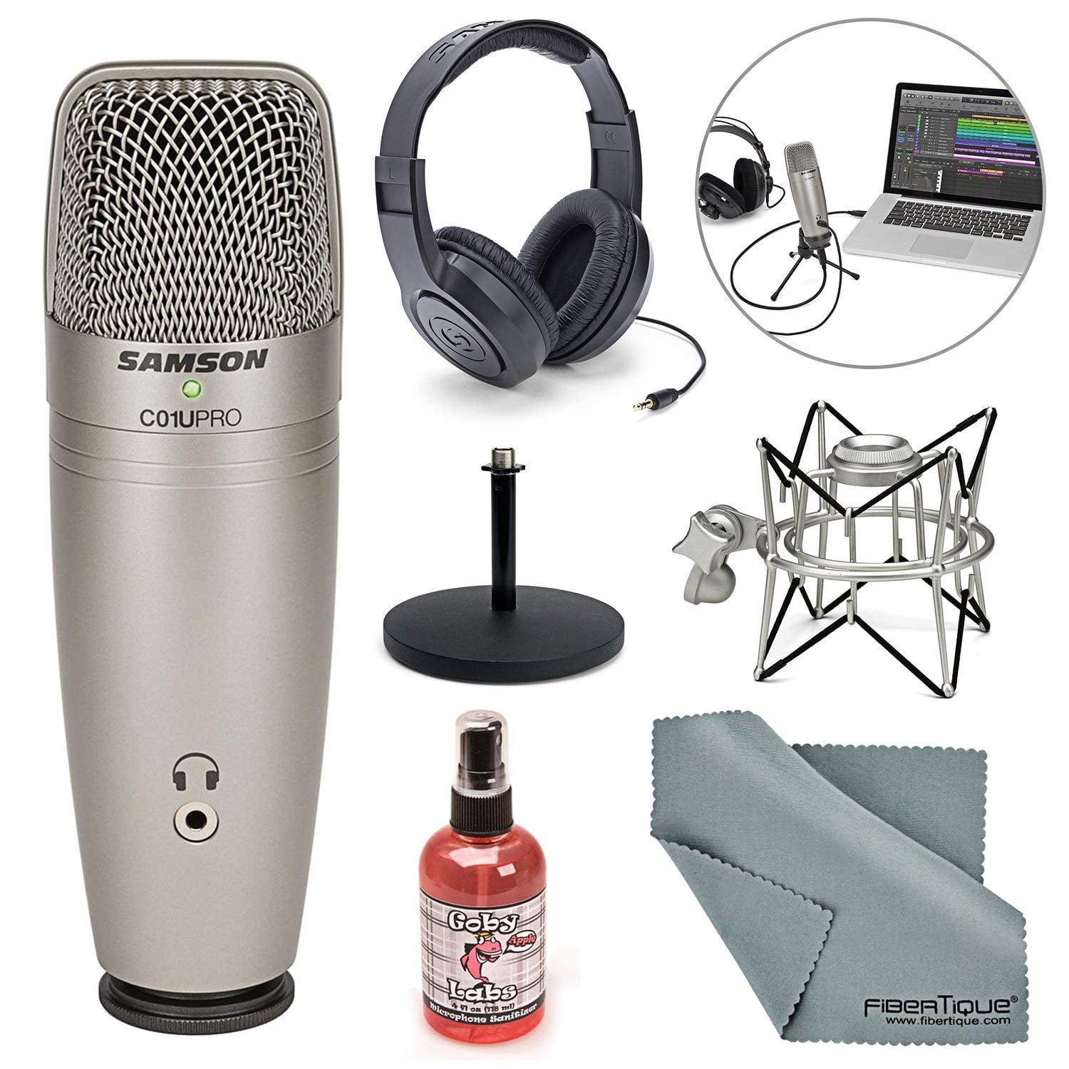 Samson Stereo Headphones and FiberTique Cleaning Cloth Samson C01U Pro USB Studio Condenser Microphone W//Spider Shock Mount Microphone sanitizer