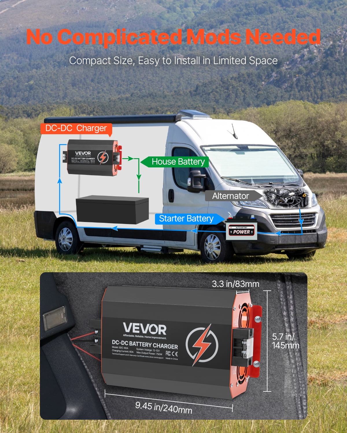 VEVOR 12V 60A DC to DC Battery Charger, 750W, On-Board Battery Charger for Lead-Acid, Lithium, AGM, GEL, and Flooded Batteries, Smart Multi-Stage Charging, for RVs, Commercial Vehicles, Boats