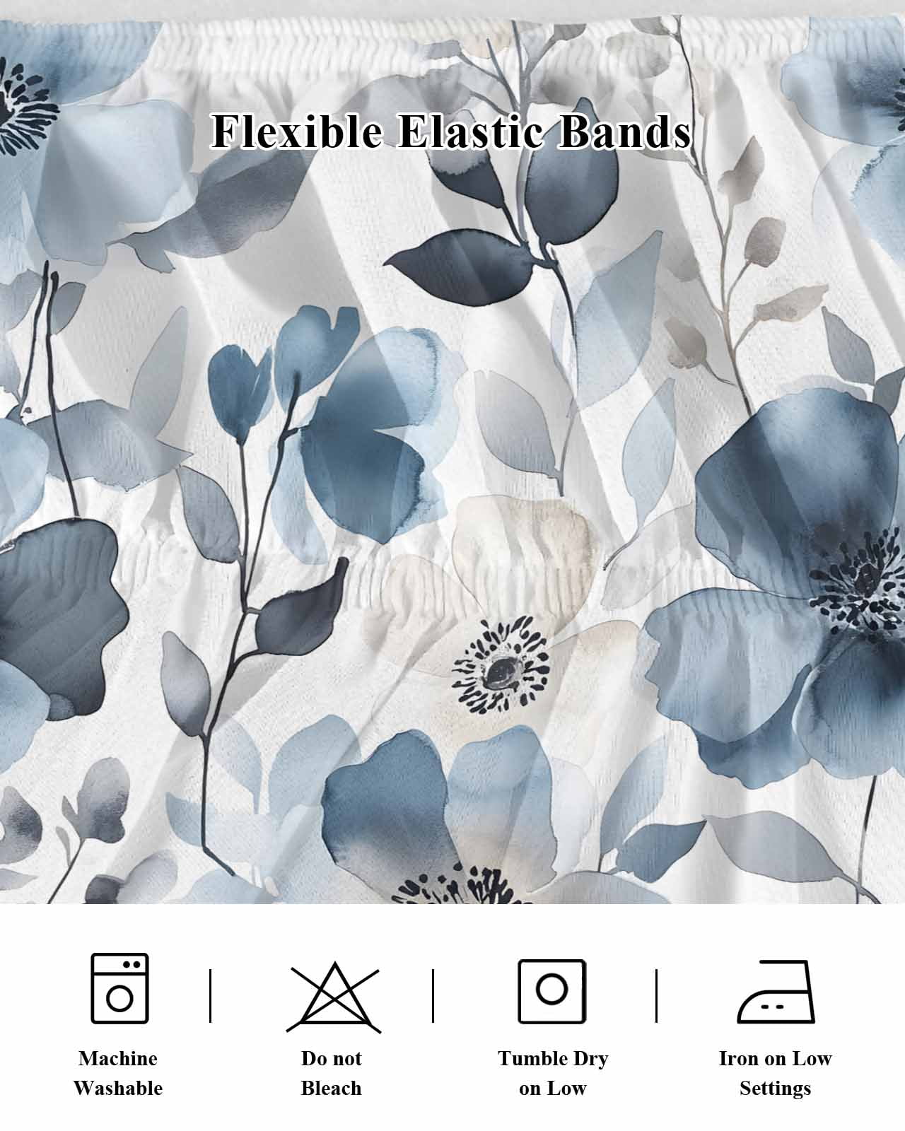 Vintage Blue Bed Skirt Queen Size 16 Inch Drop, Brown Watercolor Flowers Petals Abstract Art Wrap Around Dust Ruffle Bedskirts, Wrinkle & Fade Resistant Easy Fit Bedskirt with Adjustable Elastic