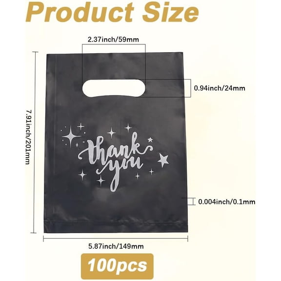 100Pcs 8 x 6 Inch Black Thank You Plastic Bags Party Treat Bags with Handles Rectangle Wrapping Word Goodie Gift Pouches for Thanksgiving Birthday Party Favor Christmas Presents DIY Packaging