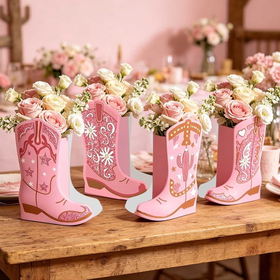 BPPEG 12 Set Western Cowgirl Boots Flower Boxes Centerpiece Boot Shape Gift Boxes Party Supplies Vase Pink Centerpieces Boot Rodeo Birthday Baby Shower Wedding Decoration