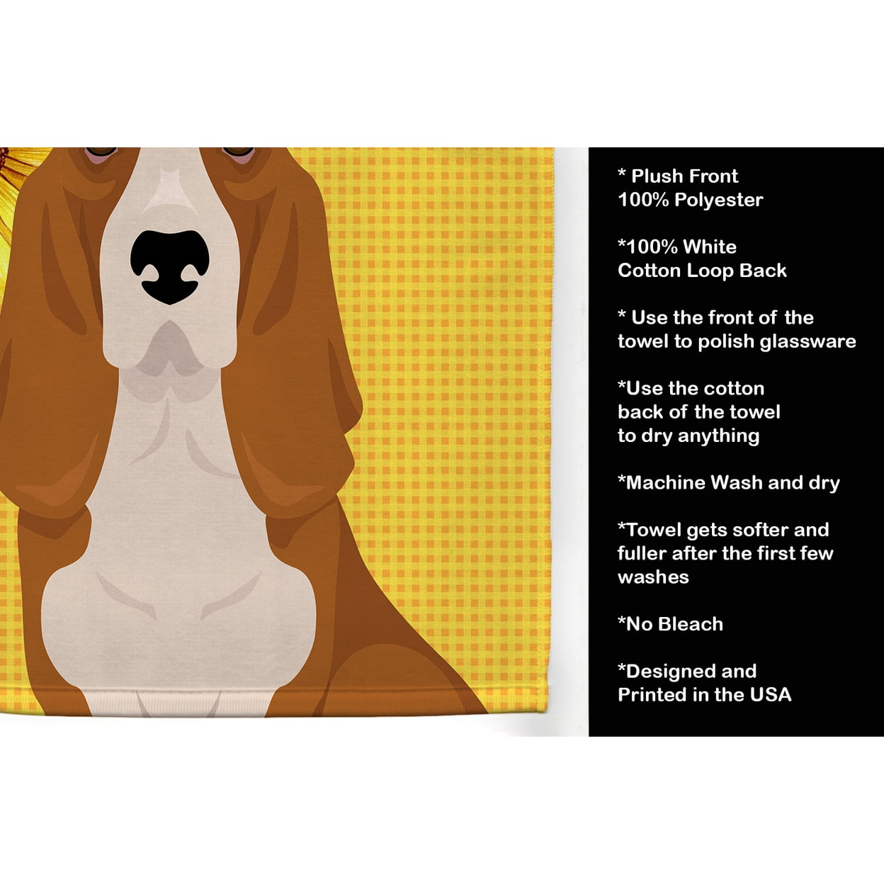 Summer Sunflowers Red and White Tricolor Basset Hound Kitchen Towel 15 in x 25 in