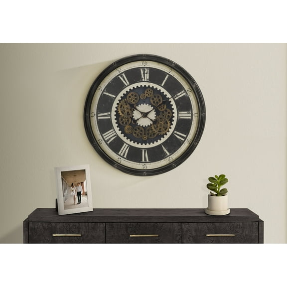 Wall Clock Clocks, 30" Round, Gear Mechanism, Large Oversized, Wall Clock, Brown, Transitional,Modern Wall Clock