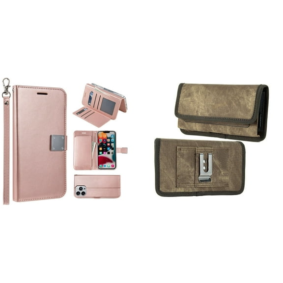 Bemz Pocket Clutch Wallet Case and Belt Holster Pouch for iPhone 14 Pro Max (Rose Gold/Brown)