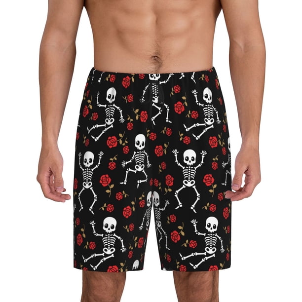 Balery Skeleton with Roses Pantalones cortos de pijama de punto de algodón para hombre con cinturilla y bolsillos-X-Large