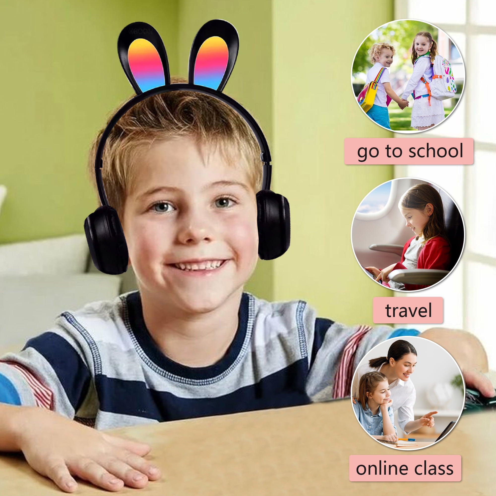 2Packs Rabbit Ear Kids Wireless Headphones with Microphone,Headphones for Girls Boys for School,Volume Limiter,Teens Toddlers Wireless Headphones,for Mobile Phones/Tablet/PC,Pink&Black